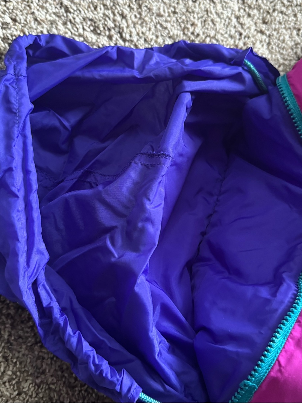 VINTAGE. 90’s Columbia Teal Ski One-Piece Suit with Purple and Pink Accents - Picture 9 of 10